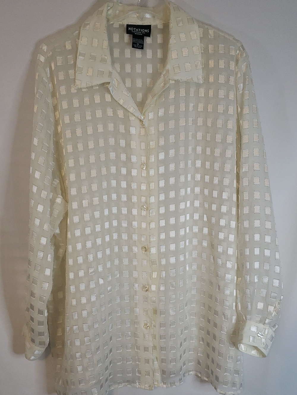 Notations Woman Cream Gold Metallic Sheer Button Down Blouse, 2X